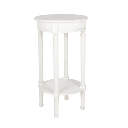 Narrow white wooden round side table with shelf – slim pine bedside, accent or occasional table with turned legs and lower storage 72x40x40cm | Click Style