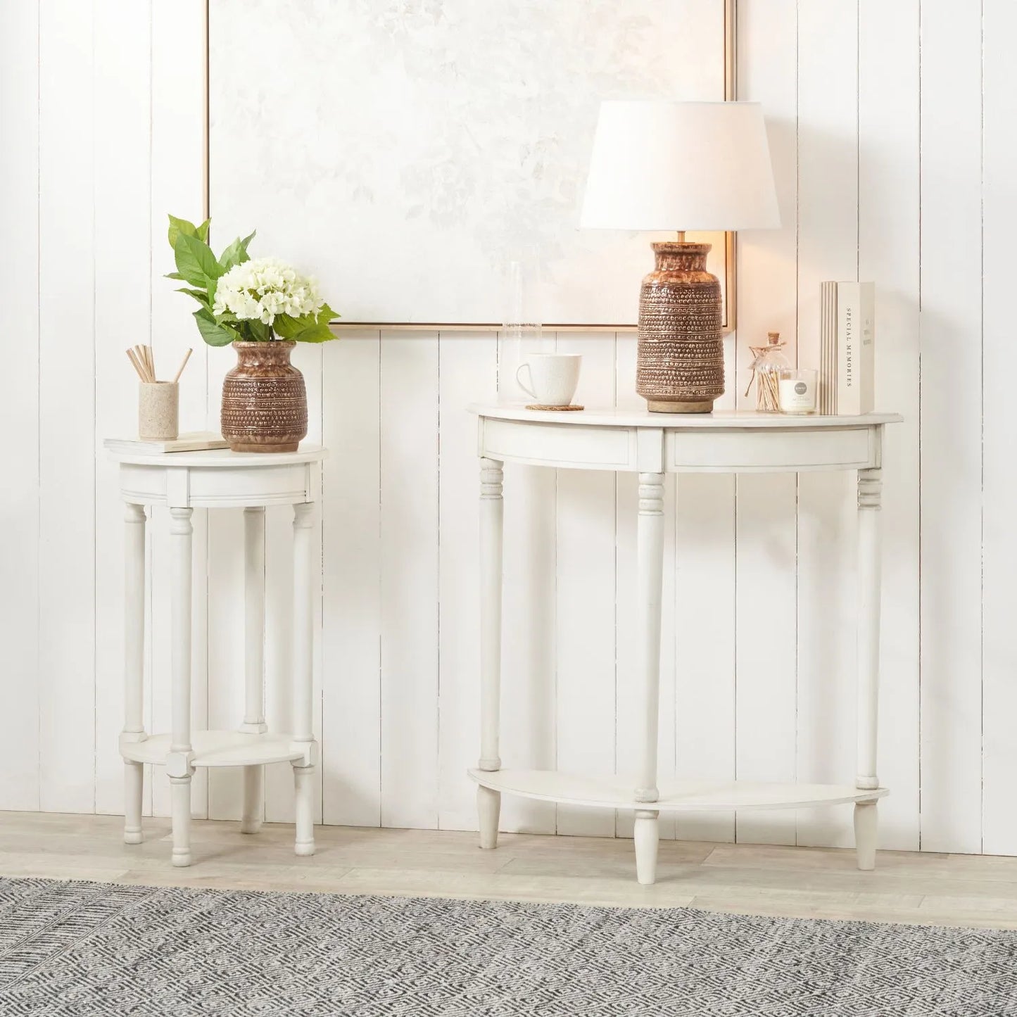 Narrow white wooden round side table with shelf – slim pine bedside, accent or occasional table with turned legs and lower storage 72x40x40cm | Click Style