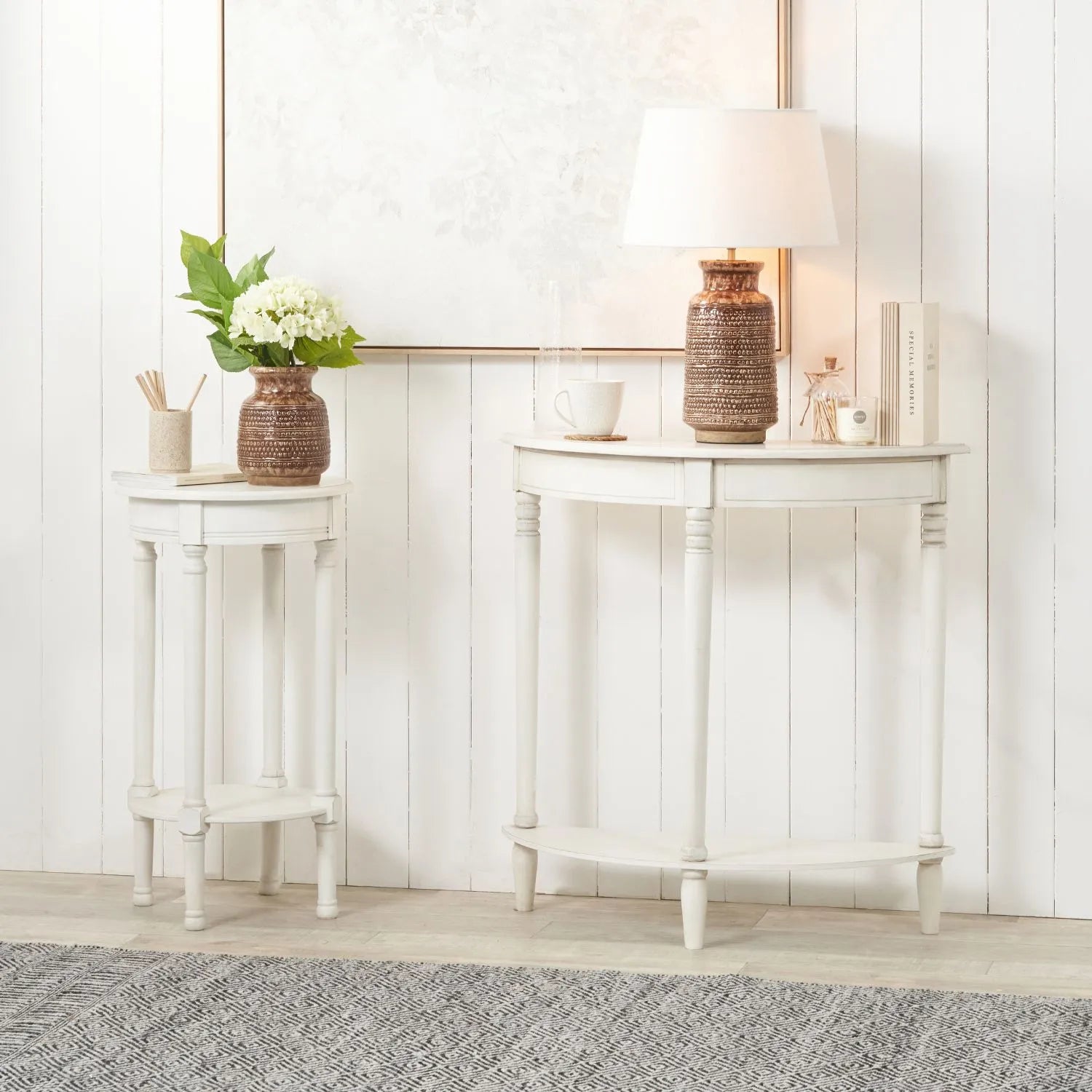 Narrow white wooden round side table with shelf – slim pine bedside, accent or occasional table with turned legs and lower storage 72x40x40cm | Click Style