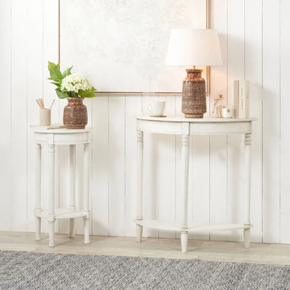 Narrow white wooden round side table with shelf – slim pine bedside, accent or occasional table with turned legs and lower storage 72x40x40cm | Click Style