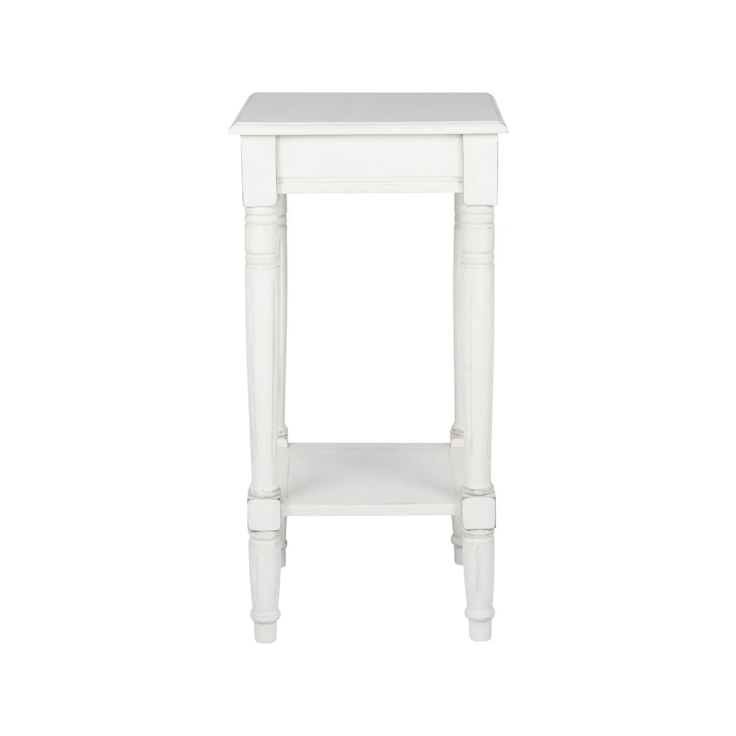 Narrow white wooden side table with shelf – slim pine bedside or accent table with turned legs and lower storage 72x36x36cm | Click Style