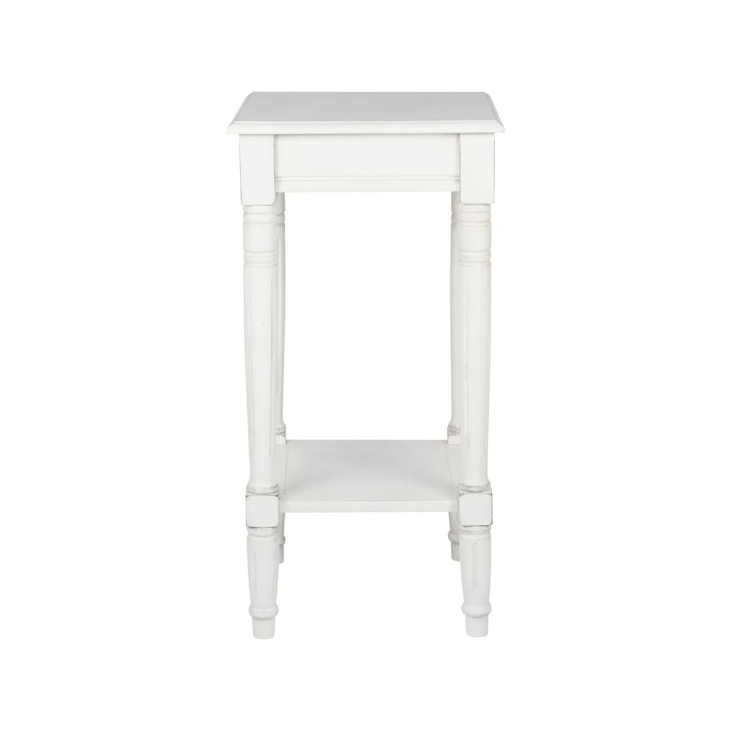 Narrow white wooden side table with shelf – slim pine bedside or accent table with turned legs and lower storage 72x36x36cm | Click Style