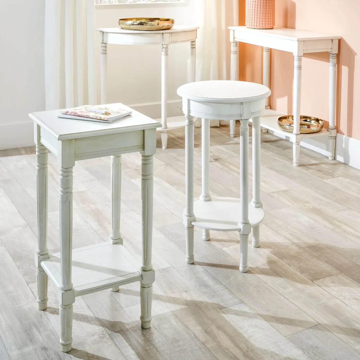Narrow white wooden side table with shelf – slim pine bedside or accent table with turned legs and lower storage 72x36x36cm | Click Style