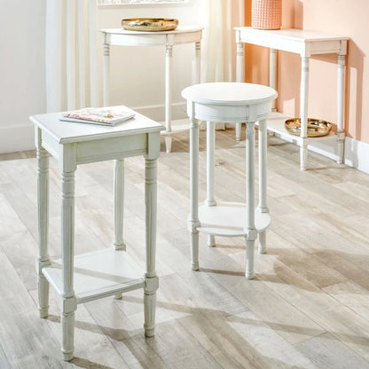 Narrow white wooden side table with shelf – slim pine bedside or accent table with turned legs and lower storage 72x36x36cm | Click Style