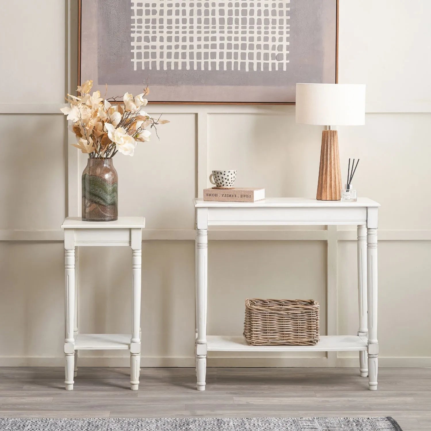 Narrow white wooden side table with shelf – slim pine bedside or accent table with turned legs and lower storage 72x36x36cm | Click Style