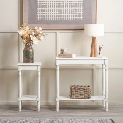 Narrow white wooden side table with shelf – slim pine bedside or accent table with turned legs and lower storage 72x36x36cm | Click Style