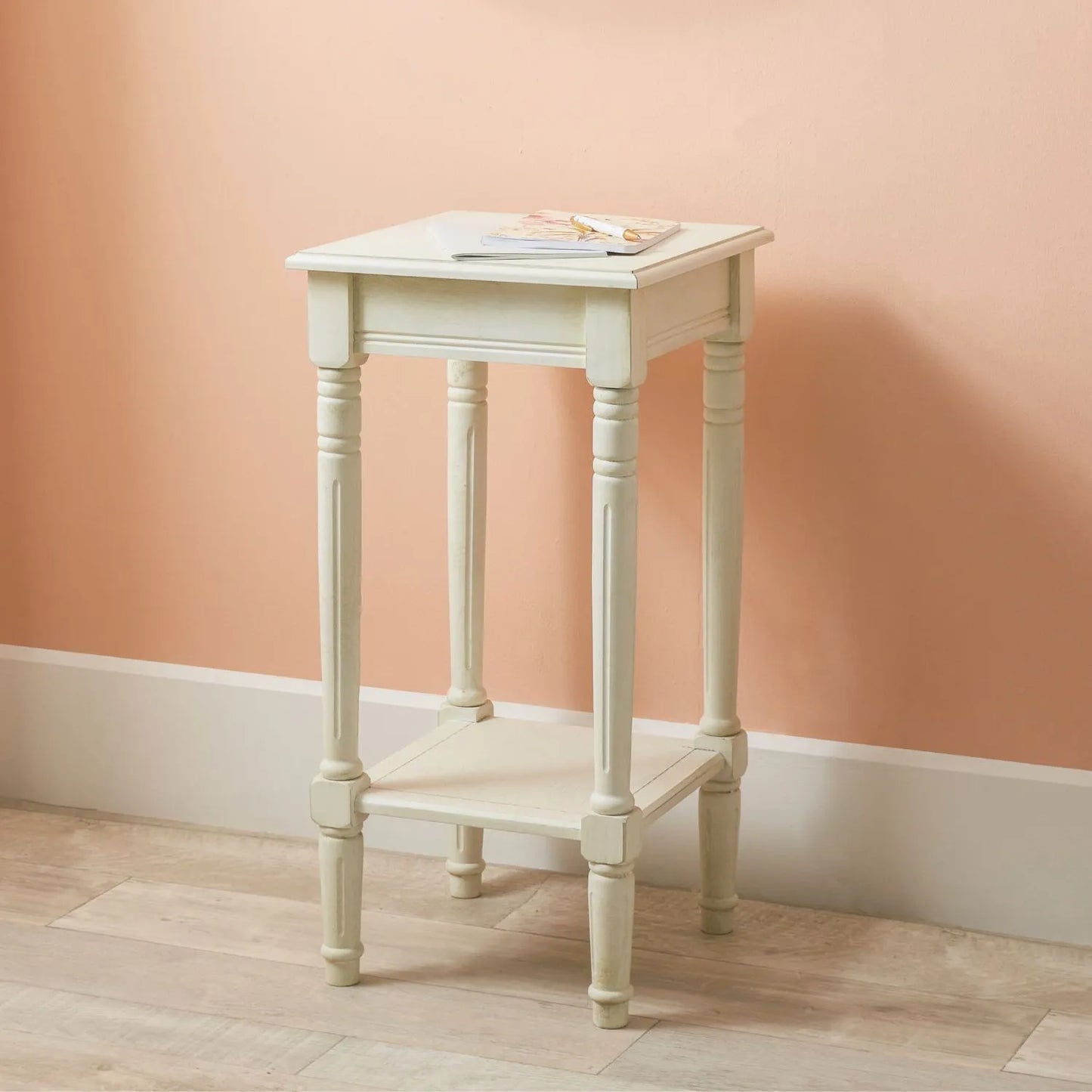 Narrow white wooden side table with shelf – slim pine bedside or accent table with turned legs and lower storage 72x36x36cm | Click Style