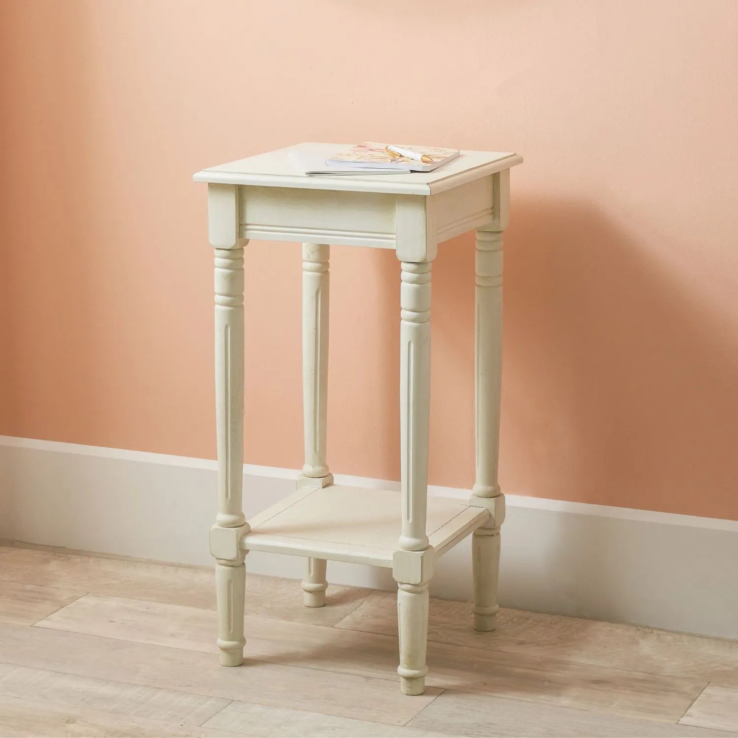 Narrow white wooden side table with shelf – slim pine bedside or accent table with turned legs and lower storage 72x36x36cm | Click Style