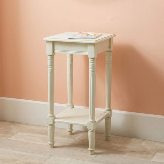 Narrow white wooden side table with shelf – slim pine bedside or accent table with turned legs and lower storage 72x36x36cm | Click Style