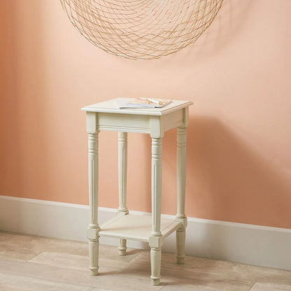Narrow white wooden side table with shelf – slim pine bedside or accent table with turned legs and lower storage 72x36x36cm | Click Style