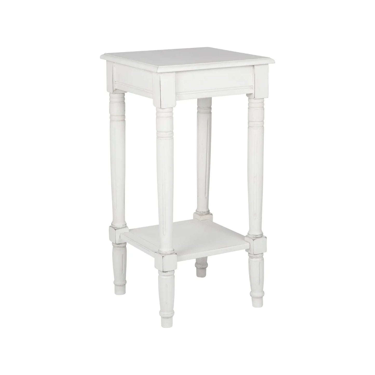 Narrow white wooden side table with shelf – slim pine bedside or accent table with turned legs and lower storage 72x36x36cm | Click Style