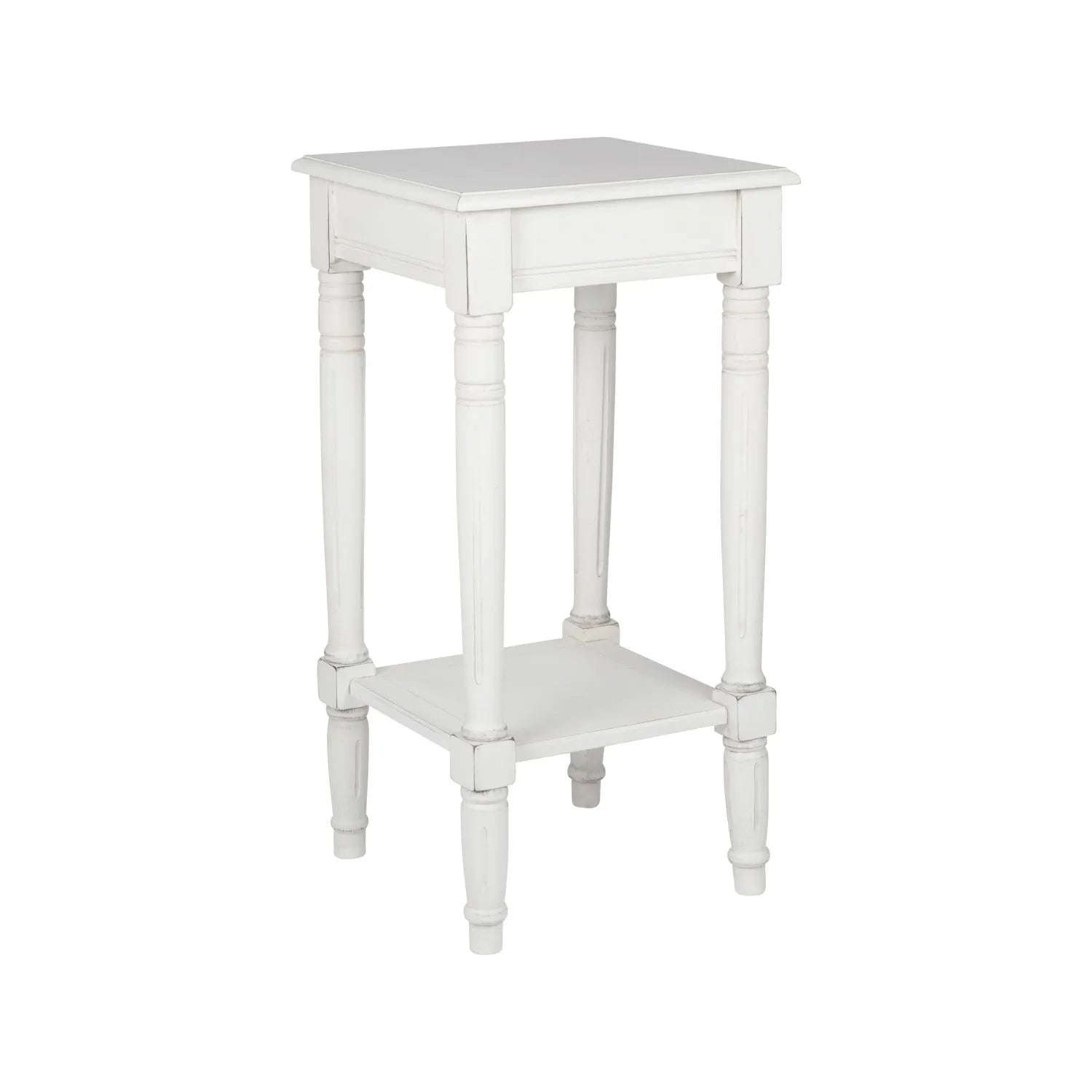 Narrow white wooden side table with shelf – slim pine bedside or accent table with turned legs and lower storage 72x36x36cm | Click Style
