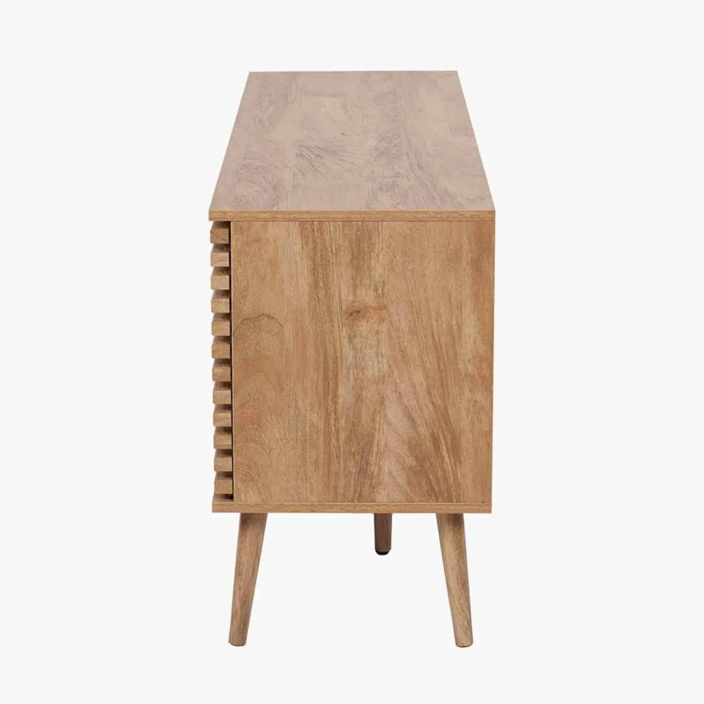 Natural Eucalyptus 2 Door 2 Drawer Sideboard with Slatted Fronts – Slim Scandinavian Sideboard Cabinet with Tapered Legs Side 63x140x39cm | Natural Wood Slatted Storage Cabinet for Living Room Dining Room or Hallway | Click Style