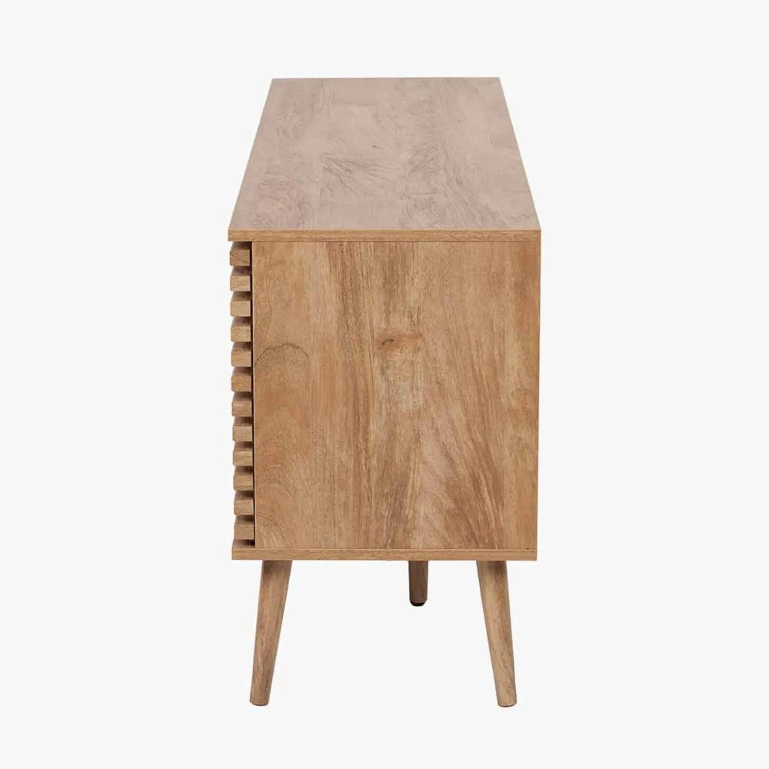Natural Eucalyptus 2 Door 2 Drawer Sideboard with Slatted Fronts – Slim Scandinavian Sideboard Cabinet with Tapered Legs Side 63x140x39cm | Natural Wood Slatted Storage Cabinet for Living Room Dining Room or Hallway | Click Style