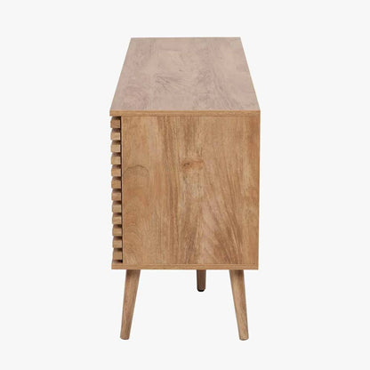 Natural Eucalyptus 2 Door 2 Drawer Sideboard with Slatted Fronts – Slim Scandinavian Sideboard Cabinet with Tapered Legs Side 63x140x39cm | Natural Wood Slatted Storage Cabinet for Living Room Dining Room or Hallway | Click Style