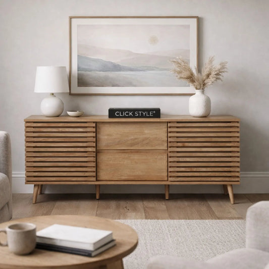Natural Eucalyptus 2 Door 2 Drawer Sideboard with Slatted Fronts – Slim Scandinavian Sideboard Cabinet with Tapered Legs 63x140x39cm | Natural Wood Slatted Storage Cabinet for Living Room Dining Room or Hallway | Click Style