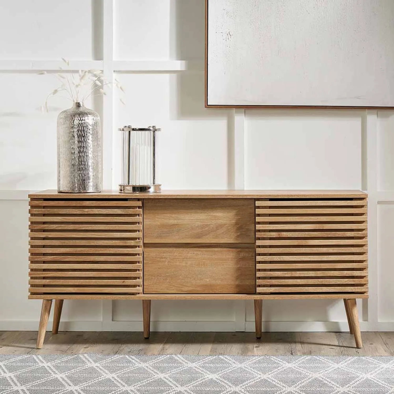 Natural Eucalyptus 2 Door 2 Drawer Sideboard with Slatted Fronts – Slim Scandinavian Sideboard Cabinet with Tapered Legs 63x140x39cm | Natural Wood Slatted Storage Cabinet for Living Room Dining Room or Hallway | Click Style