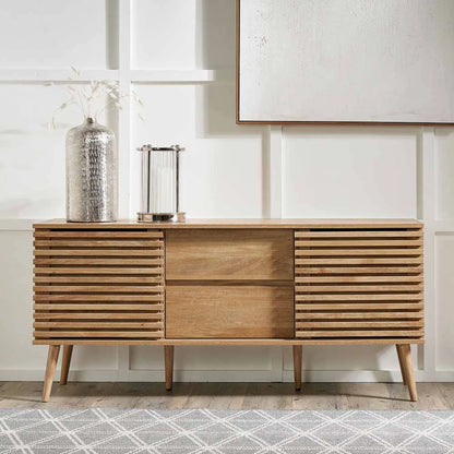 Natural Eucalyptus 2 Door 2 Drawer Sideboard with Slatted Fronts – Slim Scandinavian Sideboard Cabinet with Tapered Legs 63x140x39cm | Natural Wood Slatted Storage Cabinet for Living Room Dining Room or Hallway | Click Style