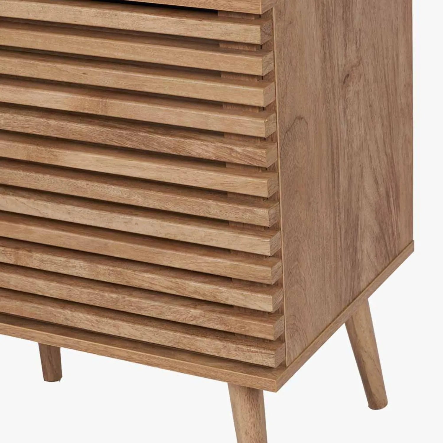 Natural Eucalyptus 2 Door 2 Drawer Sideboard with Slatted Fronts – Slim Scandinavian Sideboard Cabinet with Tapered Legs 63x140x39cm | Natural Wood Slatted Storage Cabinet for Living Room Dining Room or Hallway | Click Style