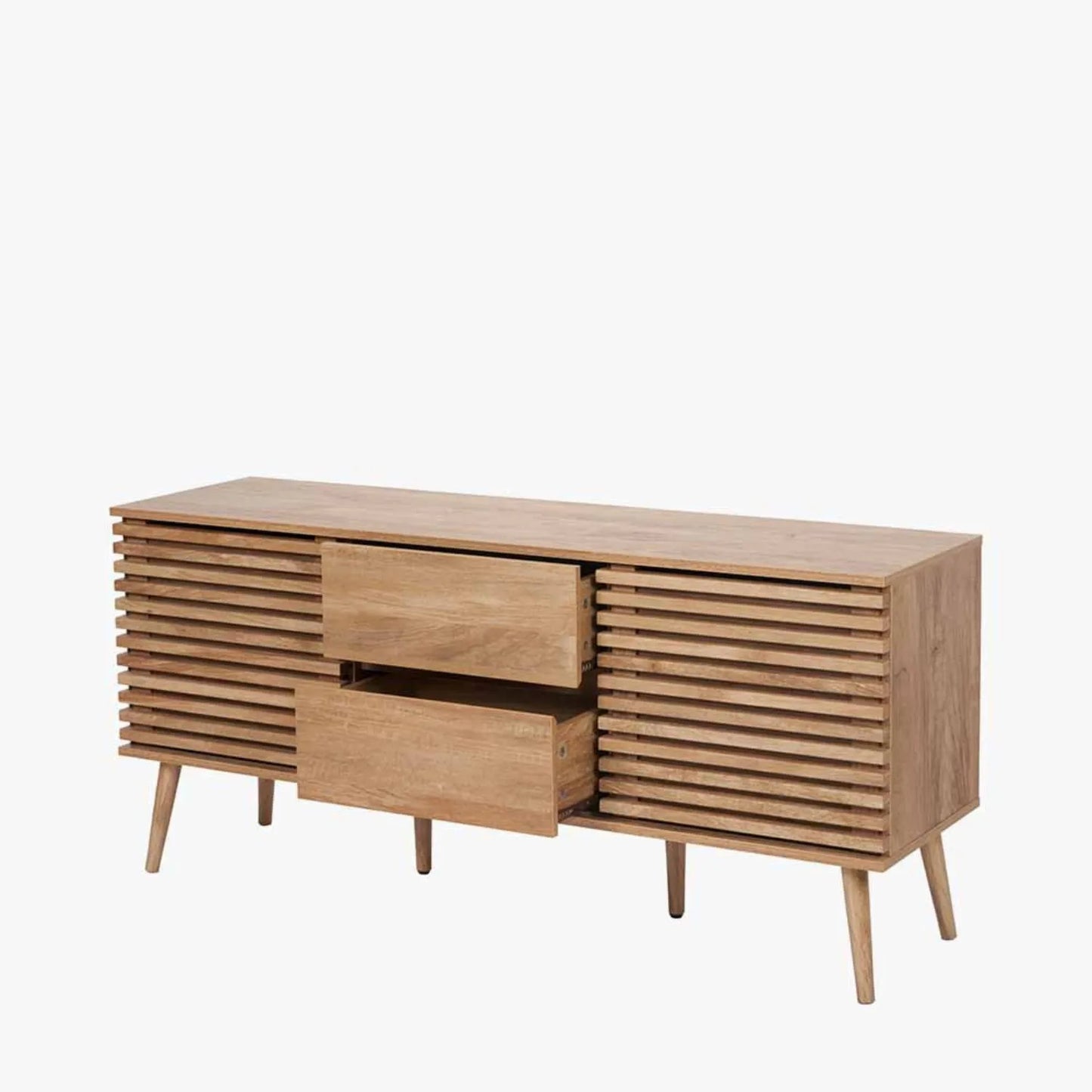 Natural Eucalyptus 2 Door 2 Drawer Sideboard with Slatted Fronts – Slim Scandinavian Sideboard Cabinet with Tapered Legs 63x140x39cm | Natural Wood Slatted Storage Cabinet for Living Room Dining Room or Hallway | Click Style