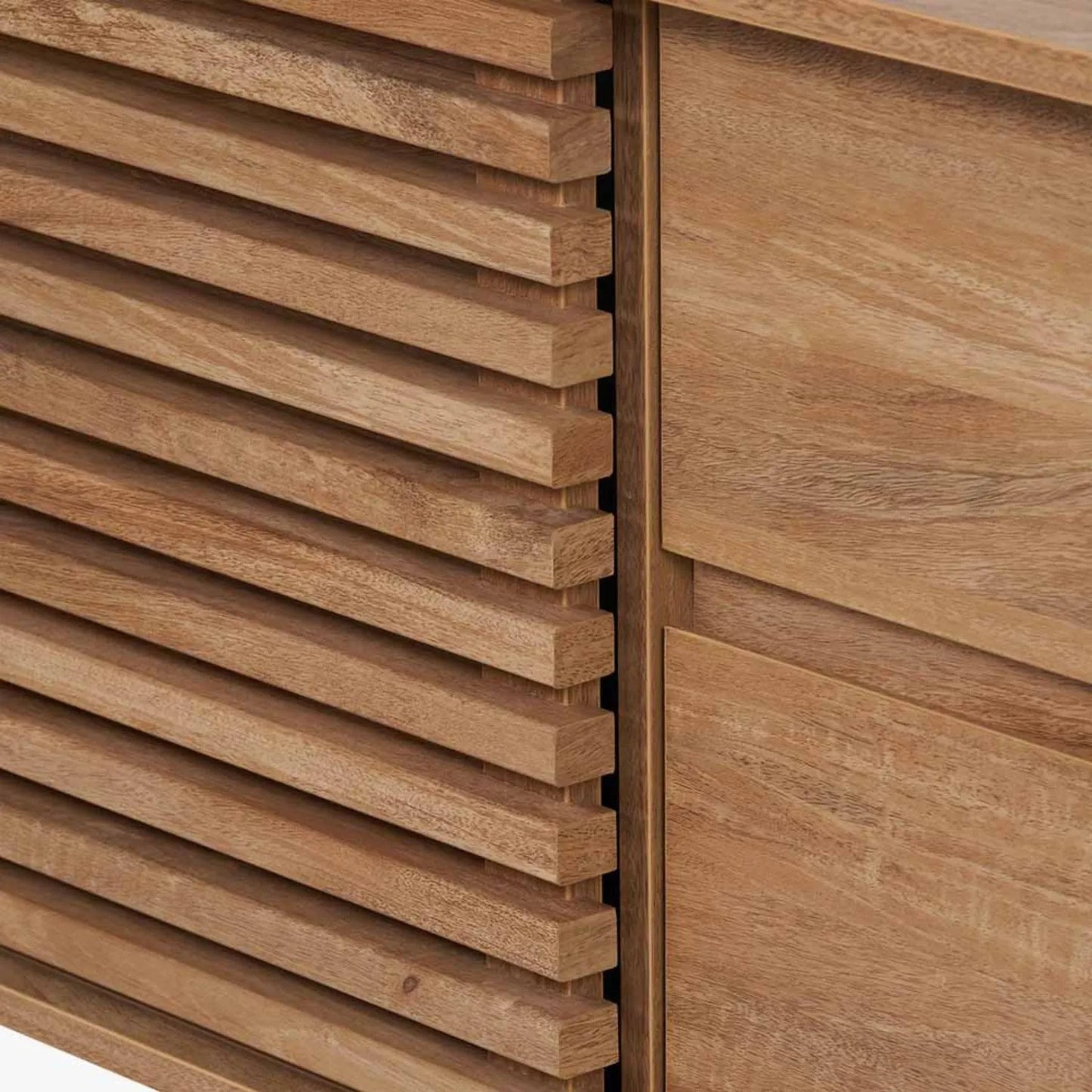 Natural Eucalyptus 2 Door 2 Drawer Sideboard with Slatted Fronts – Slim Scandinavian Sideboard Cabinet with Tapered Legs 63x140x39cm | Natural Wood Slatted Storage Cabinet for Living Room Dining Room or Hallway | Click Style