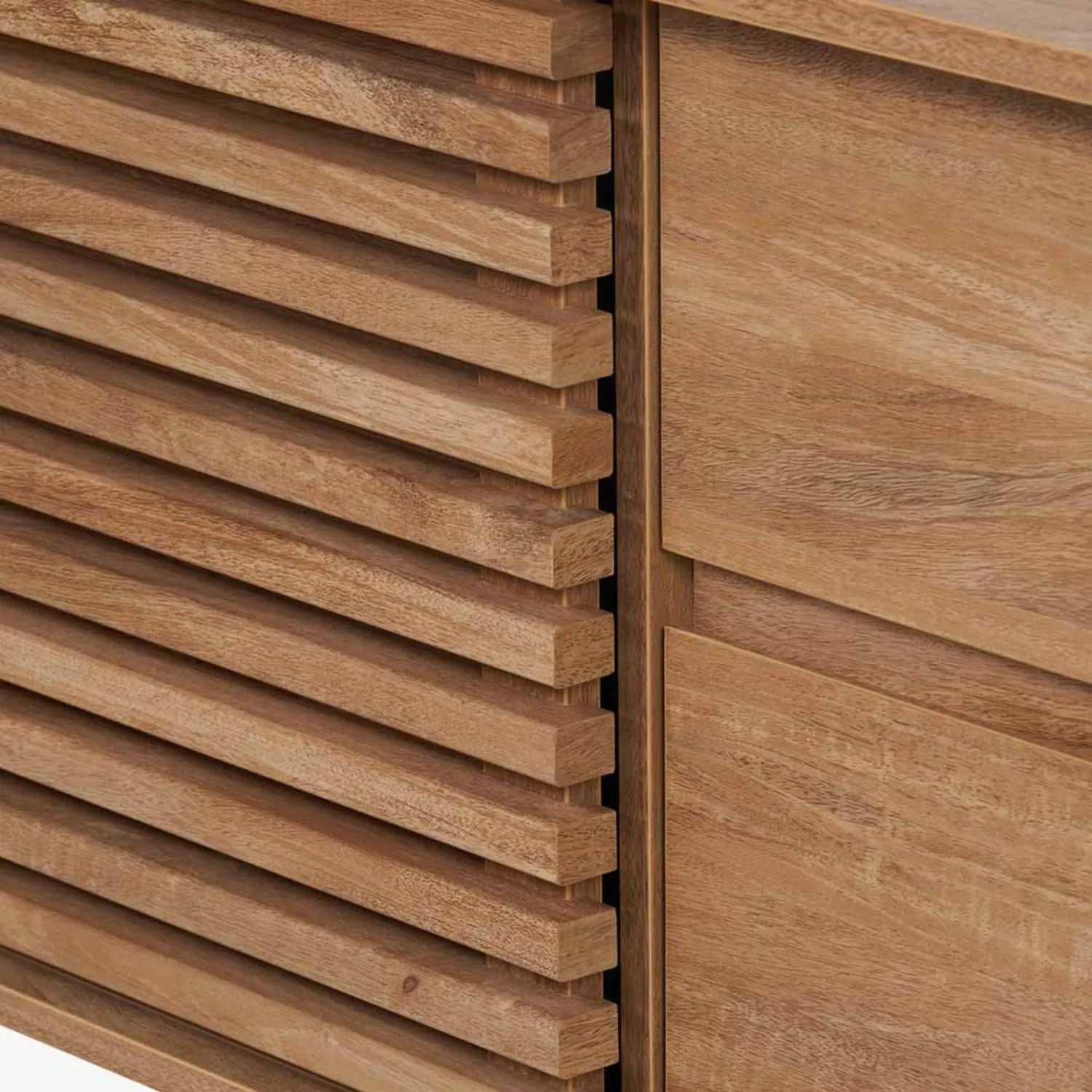 Natural Eucalyptus 2 Door 2 Drawer Sideboard with Slatted Fronts – Slim Scandinavian Sideboard Cabinet with Tapered Legs 63x140x39cm | Natural Wood Slatted Storage Cabinet for Living Room Dining Room or Hallway | Click Style
