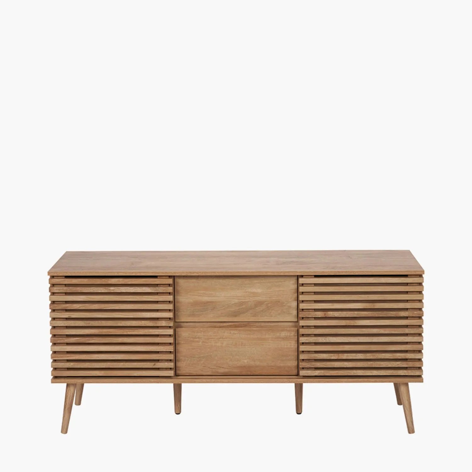 Natural Eucalyptus 2 Door 2 Drawer Sideboard with Slatted Fronts – Slim Scandinavian Sideboard Cabinet with Tapered Legs 63x140x39cm | Natural Wood Slatted Storage Cabinet for Living Room Dining Room or Hallway | Click Style