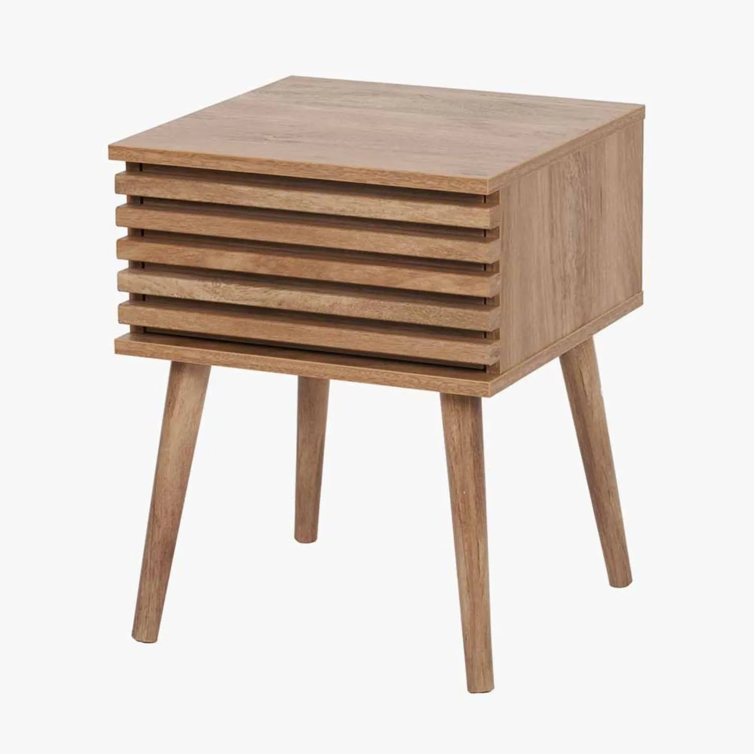 Natural Eucalyptus Wooden 1 Drawer Side Table with Slatted Front – Slim Scandinavian Bedside Cabinet with Tapered Legs 51x40x39cm | Click Style
