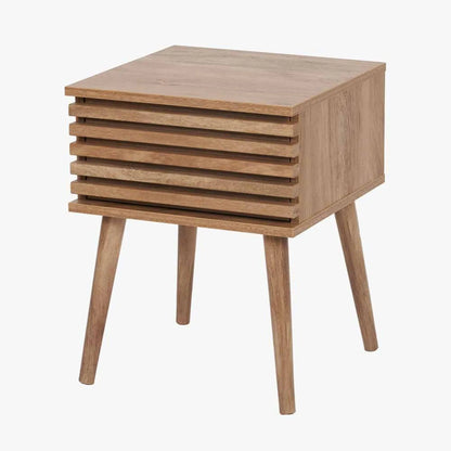 Natural Eucalyptus Wooden 1 Drawer Side Table with Slatted Front – Slim Scandinavian Bedside Cabinet with Tapered Legs 51x40x39cm | Click Style