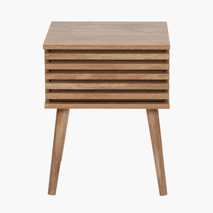 Natural Eucalyptus Wooden 1 Drawer Side Table with Slatted Front – Slim Scandinavian Bedside Cabinet with Tapered Legs 51x40x39cm | Click Style