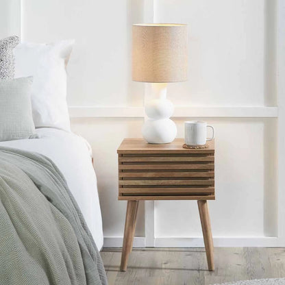 Natural Eucalyptus Wooden 1 Drawer Side Table with Slatted Front – Slim Scandinavian Bedside Cabinet with Tapered Legs 51x40x39cm | Click Style