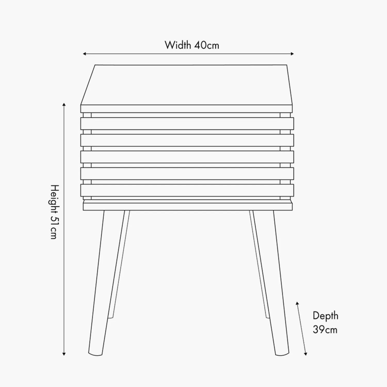 Natural Eucalyptus Wooden 1 Drawer Side Table with Slatted Front – Slim Scandinavian Bedside Cabinet with Tapered Legs Dimensions 51x40x39cm | Click Style