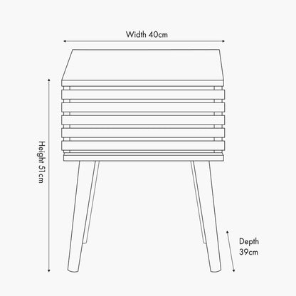Natural Eucalyptus Wooden 1 Drawer Side Table with Slatted Front – Slim Scandinavian Bedside Cabinet with Tapered Legs Dimensions 51x40x39cm | Click Style