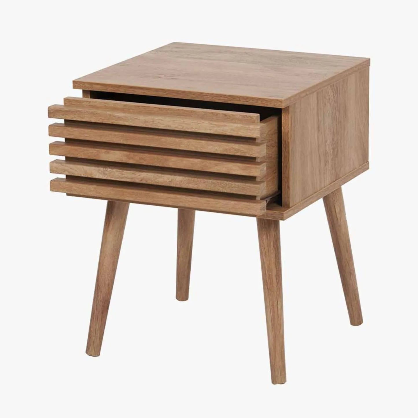 Natural Eucalyptus Wooden 1 Drawer Side Table with Slatted Front – Slim Scandinavian Bedside Cabinet with Tapered Legs 51x40x39cm | Click Style