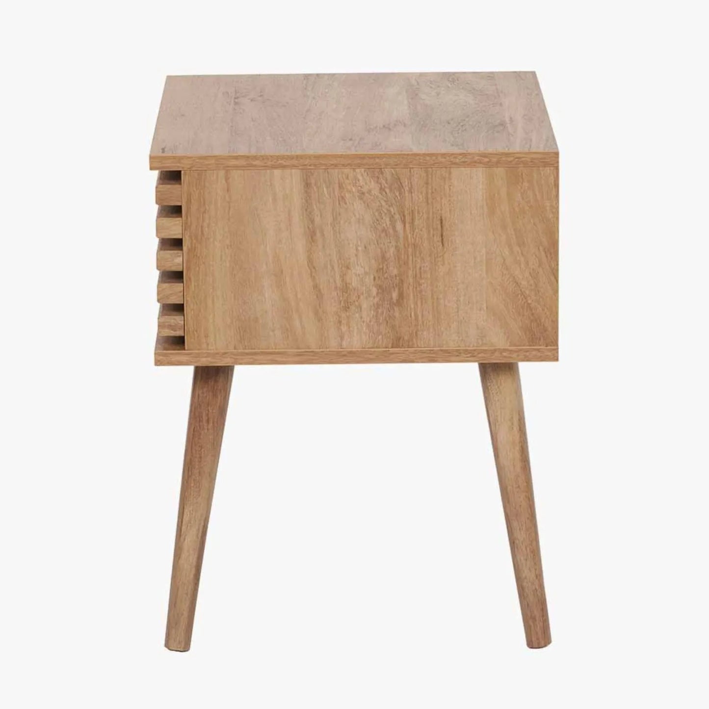 Natural Eucalyptus Wooden 1 Drawer Side Table with Slatted Front – Slim Scandinavian Bedside Cabinet with Tapered Legs Side 51x40x39cm | Click Style