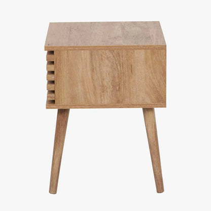 Natural Eucalyptus Wooden 1 Drawer Side Table with Slatted Front – Slim Scandinavian Bedside Cabinet with Tapered Legs Side 51x40x39cm | Click Style