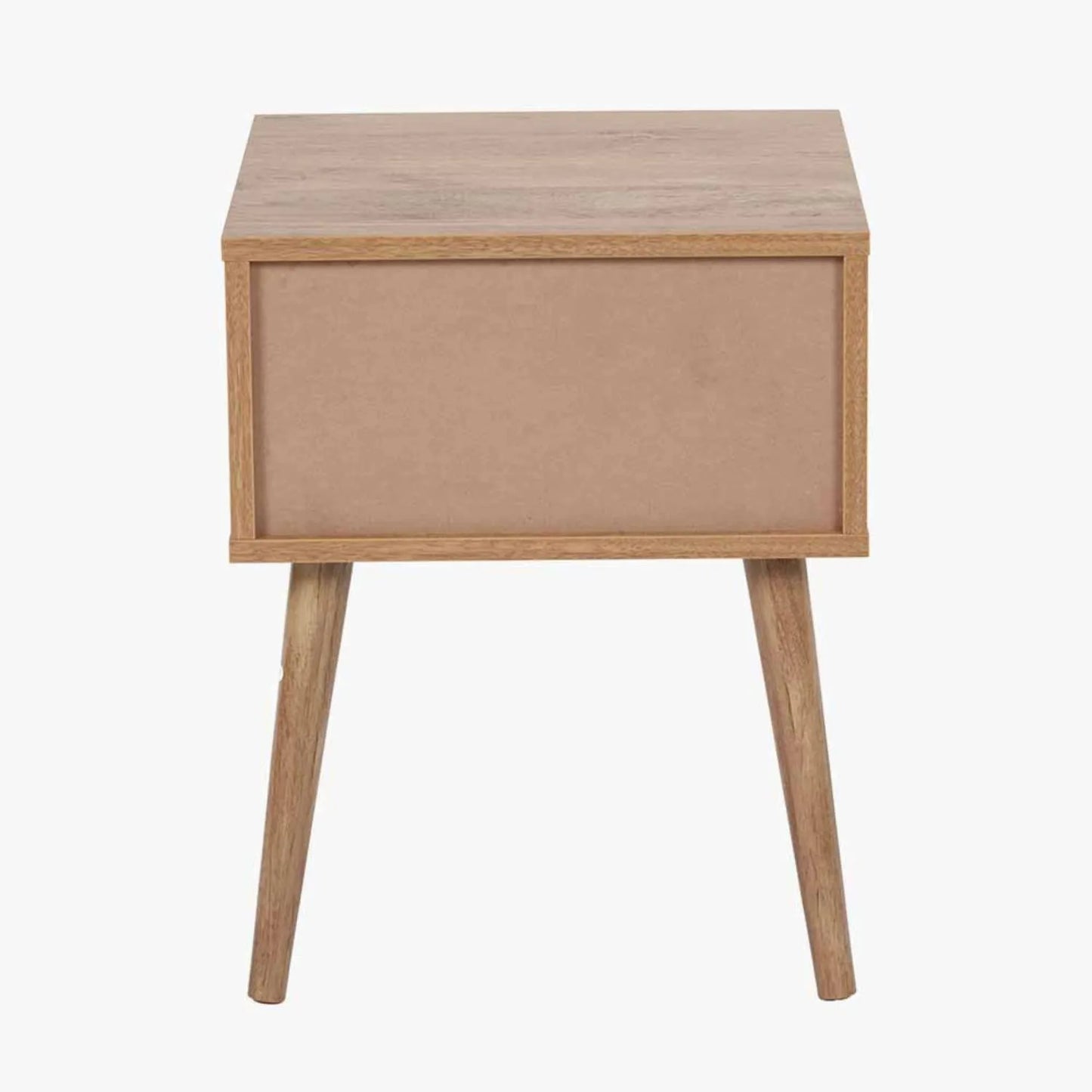 Natural Eucalyptus Wooden 1 Drawer Side Table with Slatted Front – Slim Scandinavian Bedside Cabinet with Tapered Legs Back 51x40x39cm | Click Style