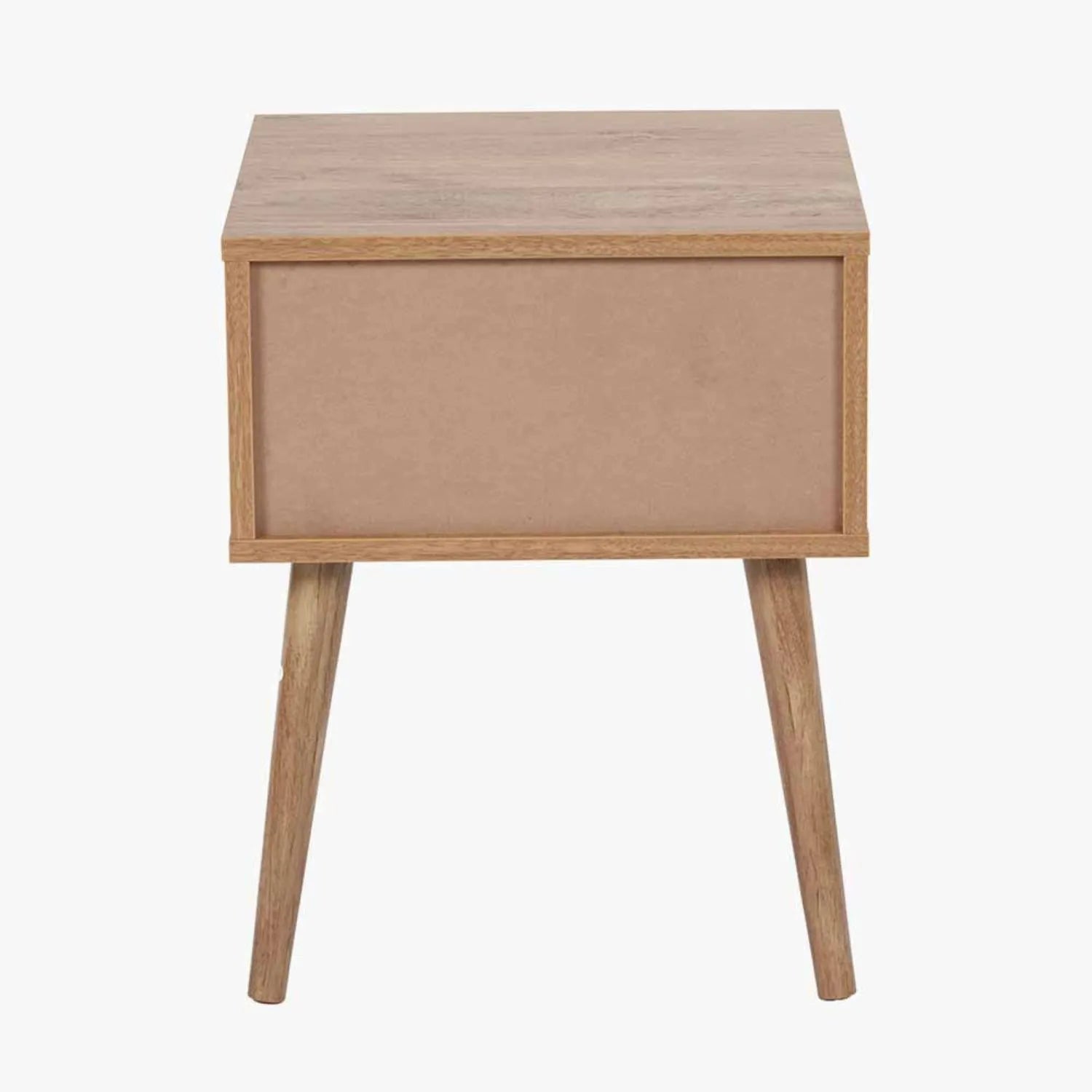 Natural Eucalyptus Wooden 1 Drawer Side Table with Slatted Front – Slim Scandinavian Bedside Cabinet with Tapered Legs Back 51x40x39cm | Click Style