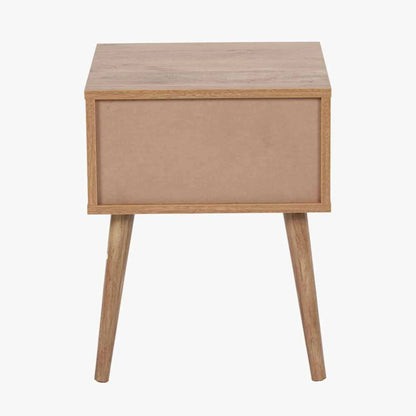 Natural Eucalyptus Wooden 1 Drawer Side Table with Slatted Front – Slim Scandinavian Bedside Cabinet with Tapered Legs Back 51x40x39cm | Click Style
