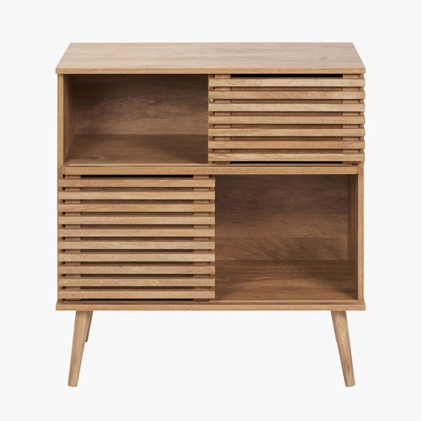 Natural eucalyptus wood 2 door storage cabinet with slatted sliding doors and tapered legs – slim Scandinavian hallway storage unit 84x80x39cm | Click Style