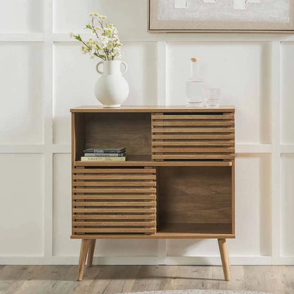 Natural eucalyptus wood 2 door storage cabinet with slatted sliding doors and tapered legs – slim Scandinavian hallway storage unit 84x80x39cm | Click Style