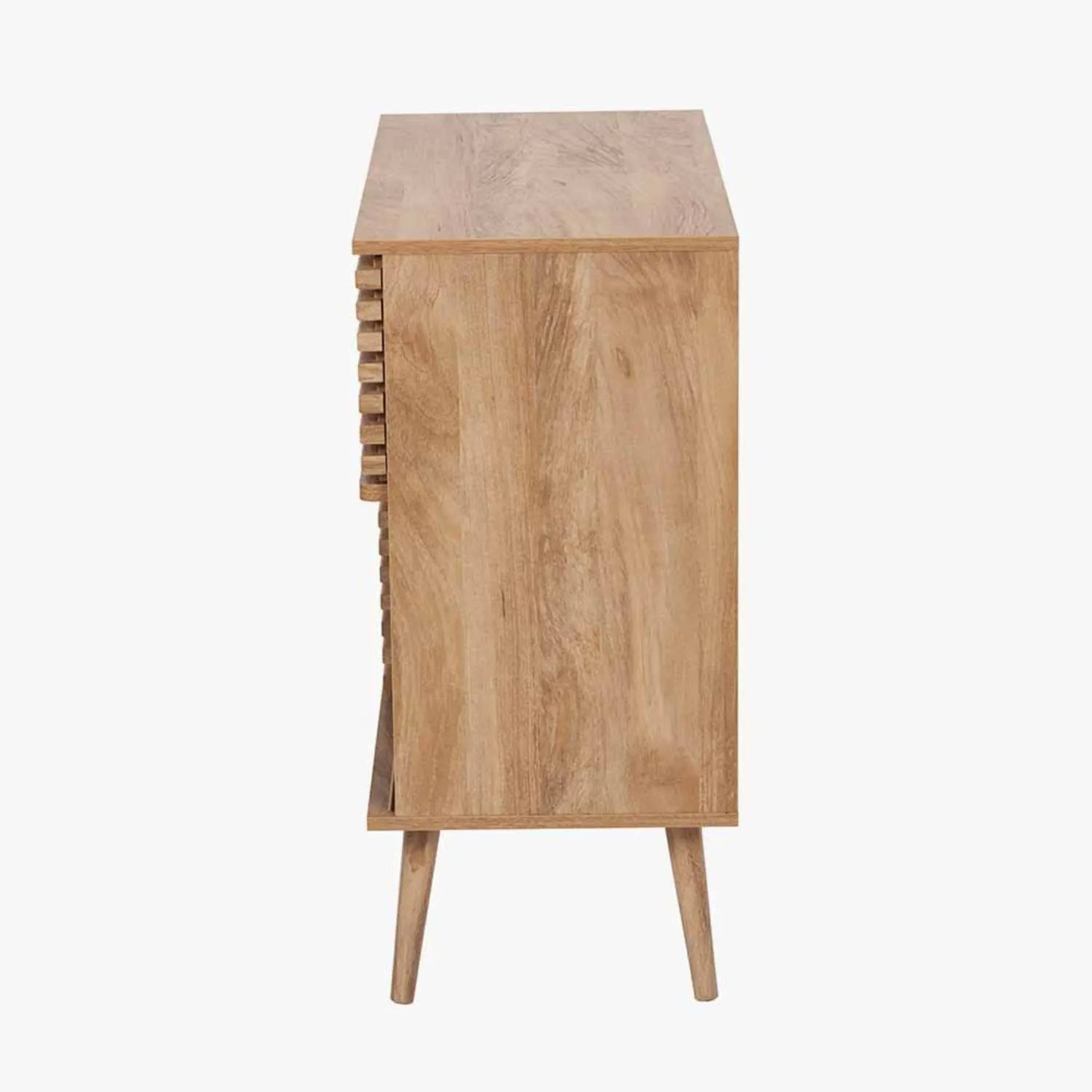 Natural eucalyptus wood 2 door storage cabinet with slatted sliding doors and tapered legs – slim Scandinavian hallway storage unit side 84x80x39cm | Click Style