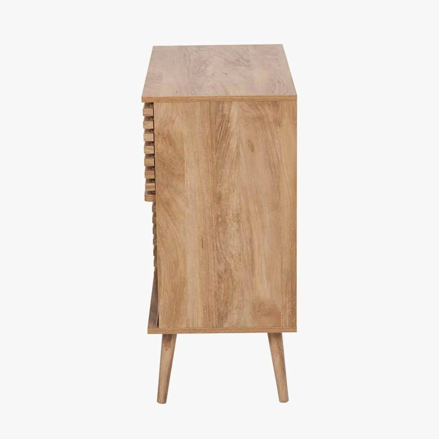 Natural eucalyptus wood 2 door storage cabinet with slatted sliding doors and tapered legs – slim Scandinavian hallway storage unit side 84x80x39cm | Click Style