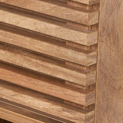 Natural eucalyptus wood 2 door storage cabinet with slatted sliding doors and tapered legs – slim Scandinavian hallway storage unit 84x80x39cm | Click Style