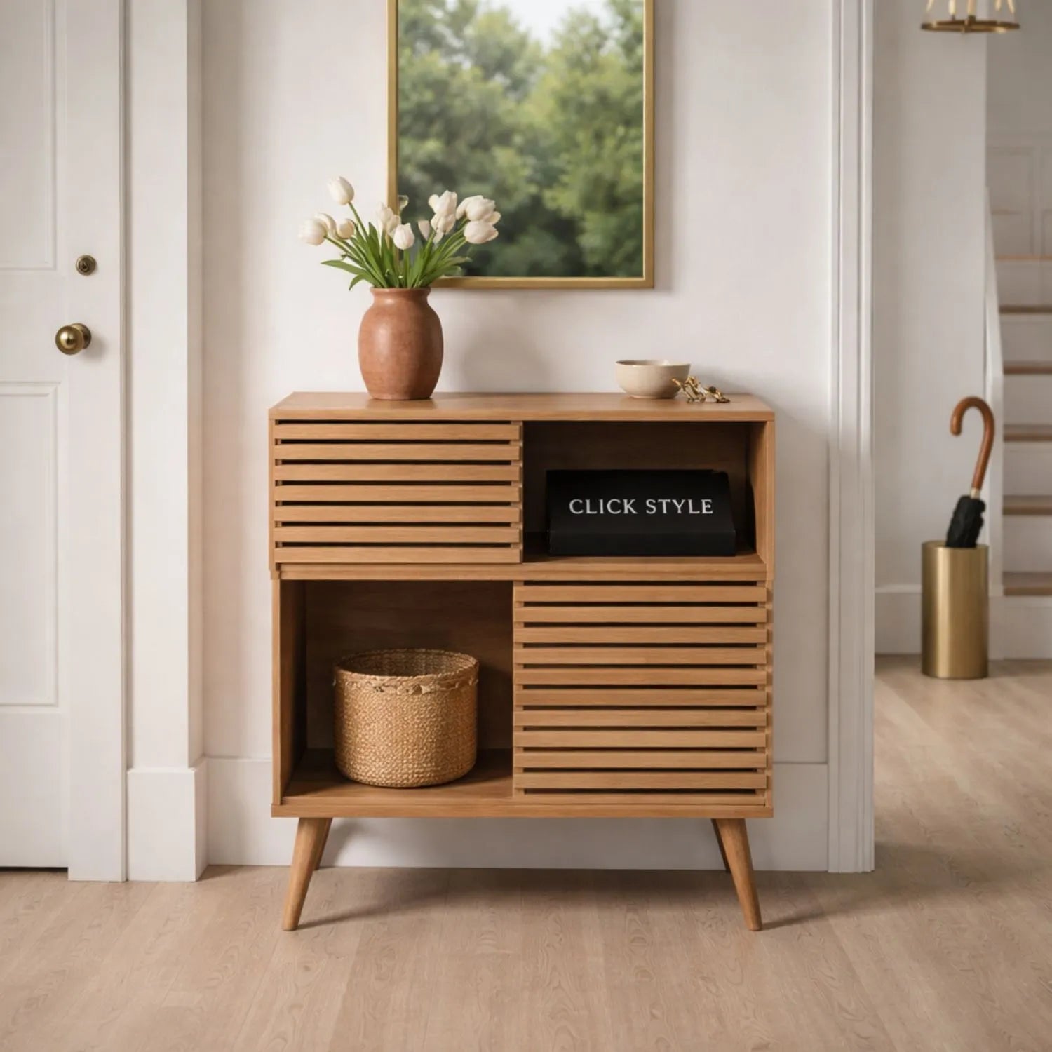 Natural eucalyptus wood 2 door storage cabinet with slatted sliding doors and tapered legs – slim Scandinavian hallway storage unit 84x80x39cm | Click Style