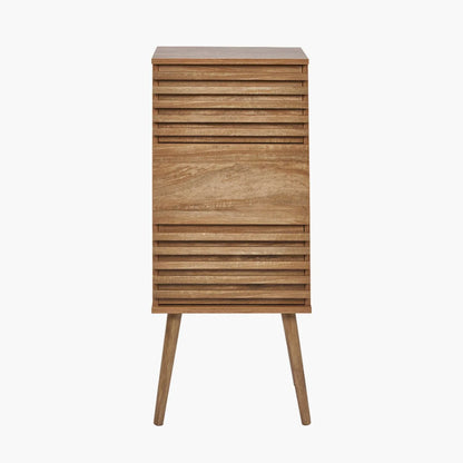 Natural Eucalyptus Wooden 3 Drawer Tall Chest of Drawers with Slatted Fronts – Slim Scandinavian Narrow Tallboy Storage Unit with Tapered Legs 98x43x33cm in Natural Wood Finish | Click Style