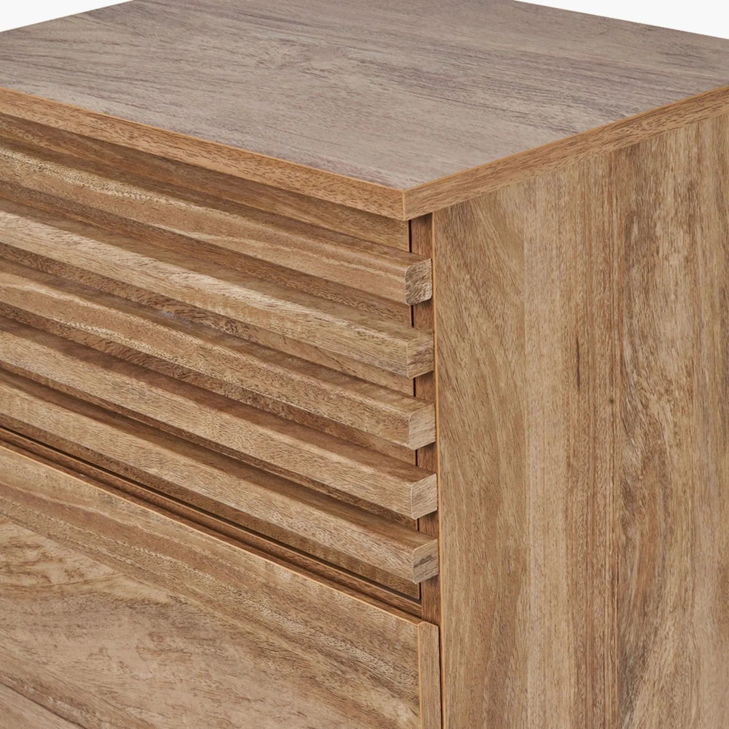 Natural Eucalyptus Wooden 3 Drawer Tall Chest of Drawers with Slatted Fronts – Slim Scandinavian Narrow Tallboy Storage Unit with Tapered Legs 98x43x33cm in Natural Wood Finish | Click Style