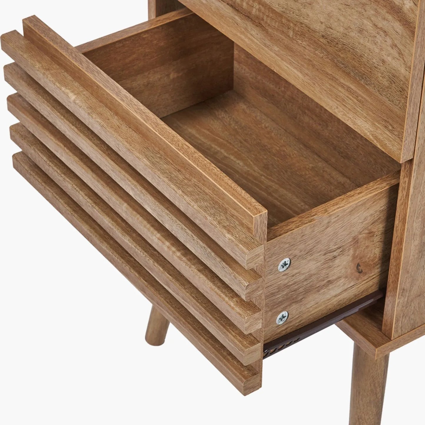 Natural Eucalyptus Wooden 3 Drawer Tall Chest of Drawers with Slatted Fronts – Slim Scandinavian Narrow Tallboy Storage Unit with Tapered Legs 98x43x33cm in Natural Wood Finish | Click Style