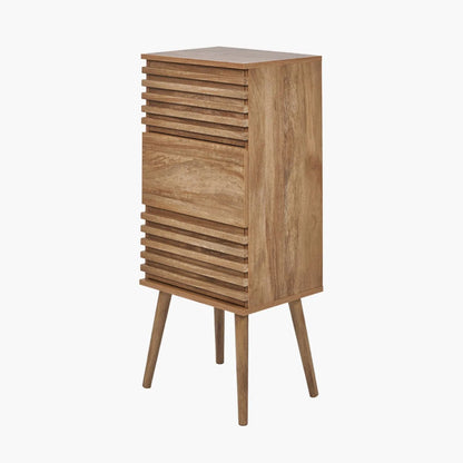 Natural Eucalyptus Wooden 3 Drawer Tall Chest of Drawers with Slatted Fronts – Slim Scandinavian Narrow Tallboy Storage Unit with Tapered Legs 98x43x33cm in Natural Wood Finish | Click Style