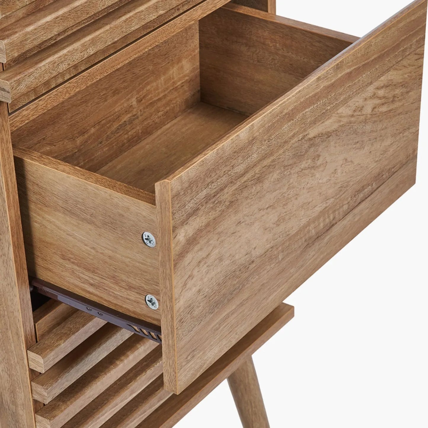 Natural Eucalyptus Wooden 3 Drawer Tall Chest of Drawers with Slatted Fronts – Slim Scandinavian Narrow Tallboy Storage Unit with Tapered Legs 98x43x33cm in Natural Wood Finish | Click Style